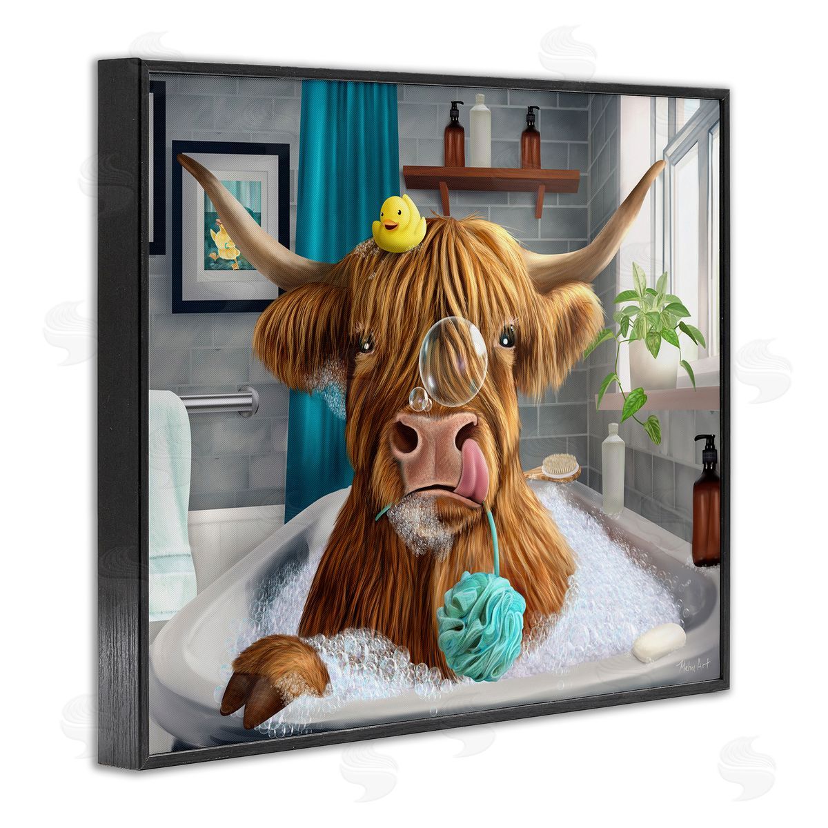Highland Cow Bubble Bath Black Frame Print Wall Art, Home Decor by Mehu Art
