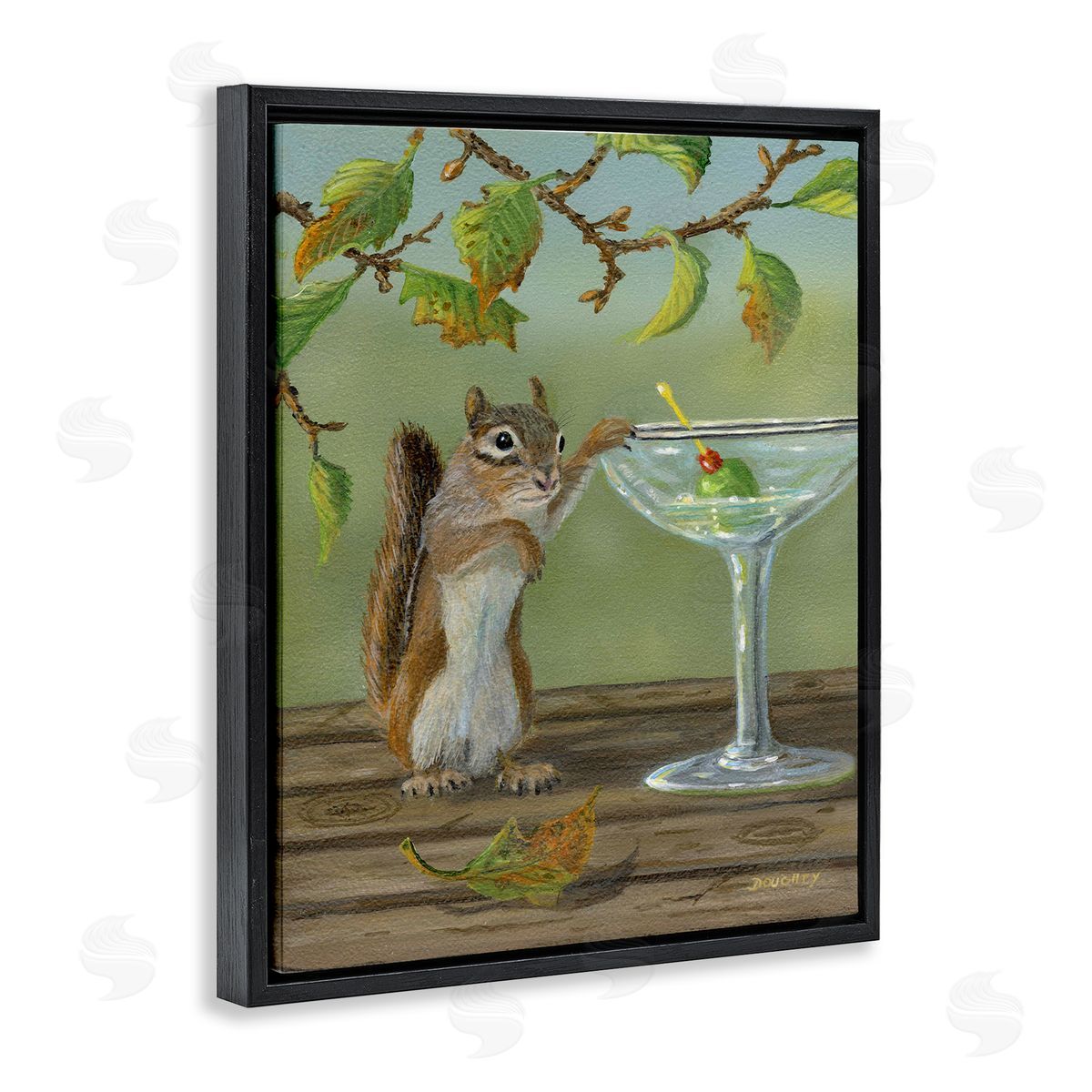 Happy Hour Chipmunk Black Floating Frame Canvas Wall Art, Home Decor by Terry Doughty