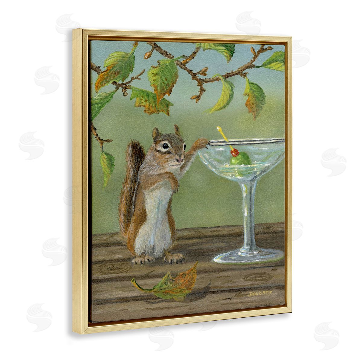 Happy Hour Chipmunk Gold Floating Frame Canvas Wall Art, Home Decor by Terry Doughty