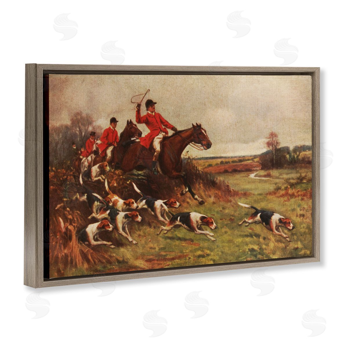 Hunting Dogs in Countryside Brown Floating Frame Canvas Wall Art, Home Decor by Tina Higgins Designs, Inc.