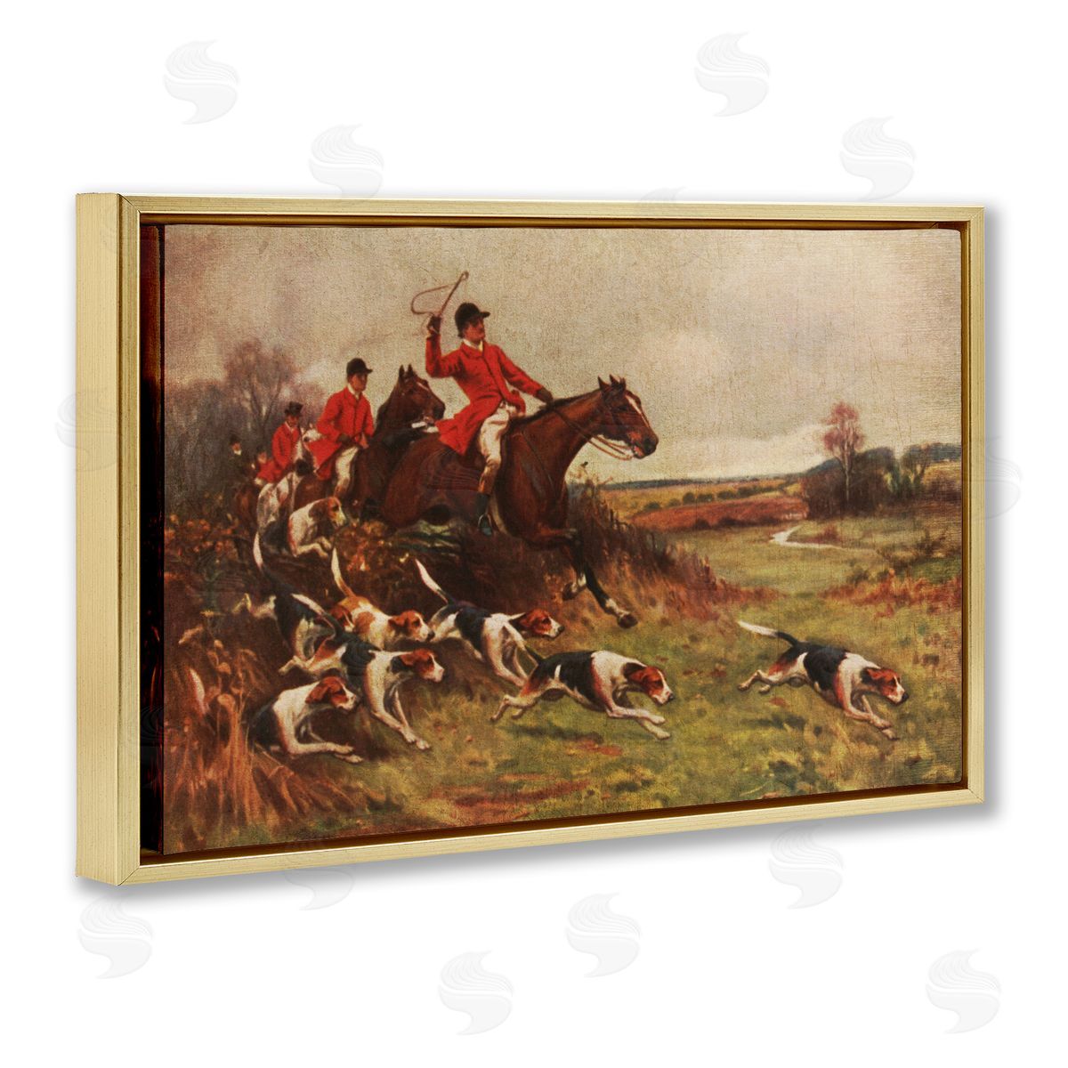 Hunting Dogs in Countryside Gold Floating Frame Canvas Wall Art, Home Decor by Tina Higgins Designs, Inc.