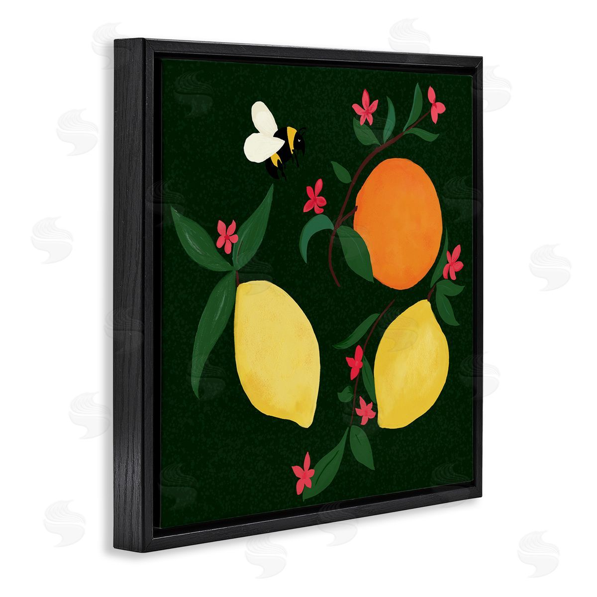 Citrus & Bumble Bee Black Floating Frame Canvas Wall Art, Home Decor by Michelle Ingari Designs
