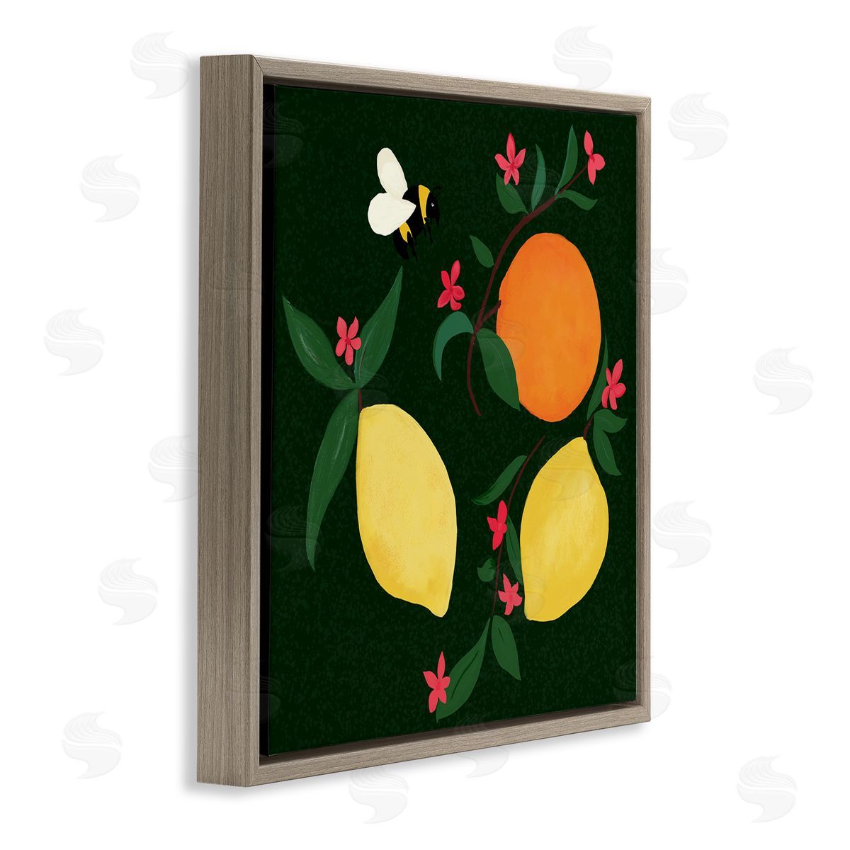Citrus & Bumble Bee Brown Floating Frame Canvas Wall Art, Home Decor by Michelle Ingari Designs