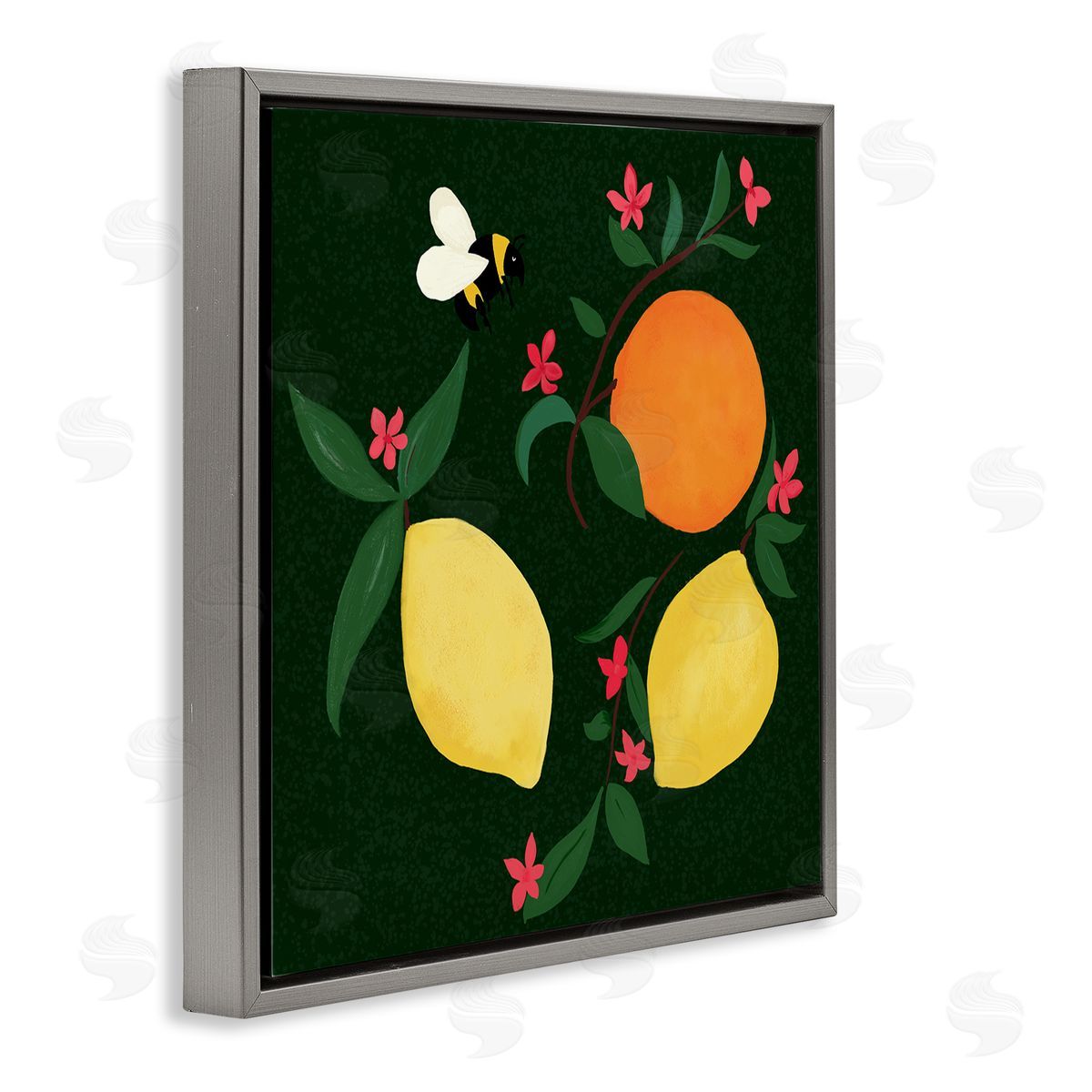 Citrus & Bumble Bee Grey Floating Frame Canvas Wall Art, Home Decor by Michelle Ingari Designs