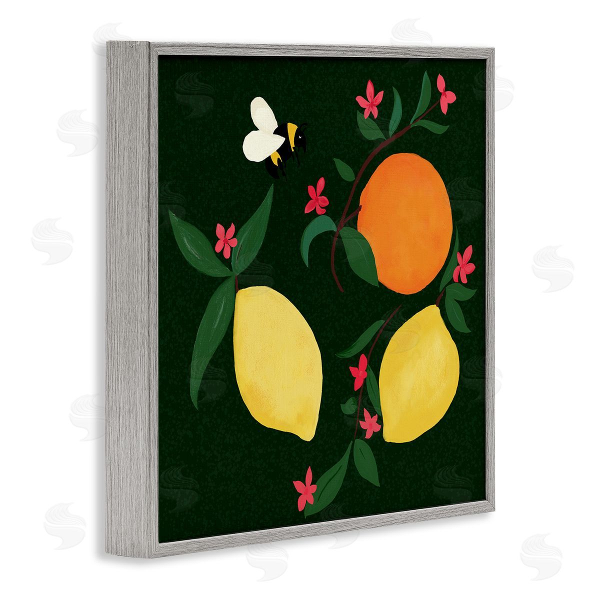 Citrus & Bumble Bee Grey Frame Print Wall Art, Home Decor by Michelle Ingari Designs