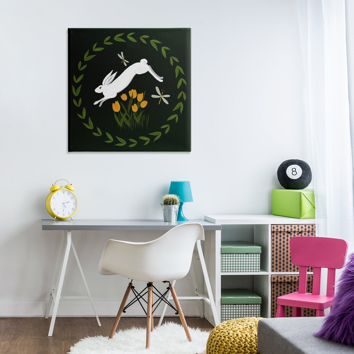 Bunny Hopping in Wreath Canvas Wall Art in Room, Home Decor by Michelle Ingari Designs