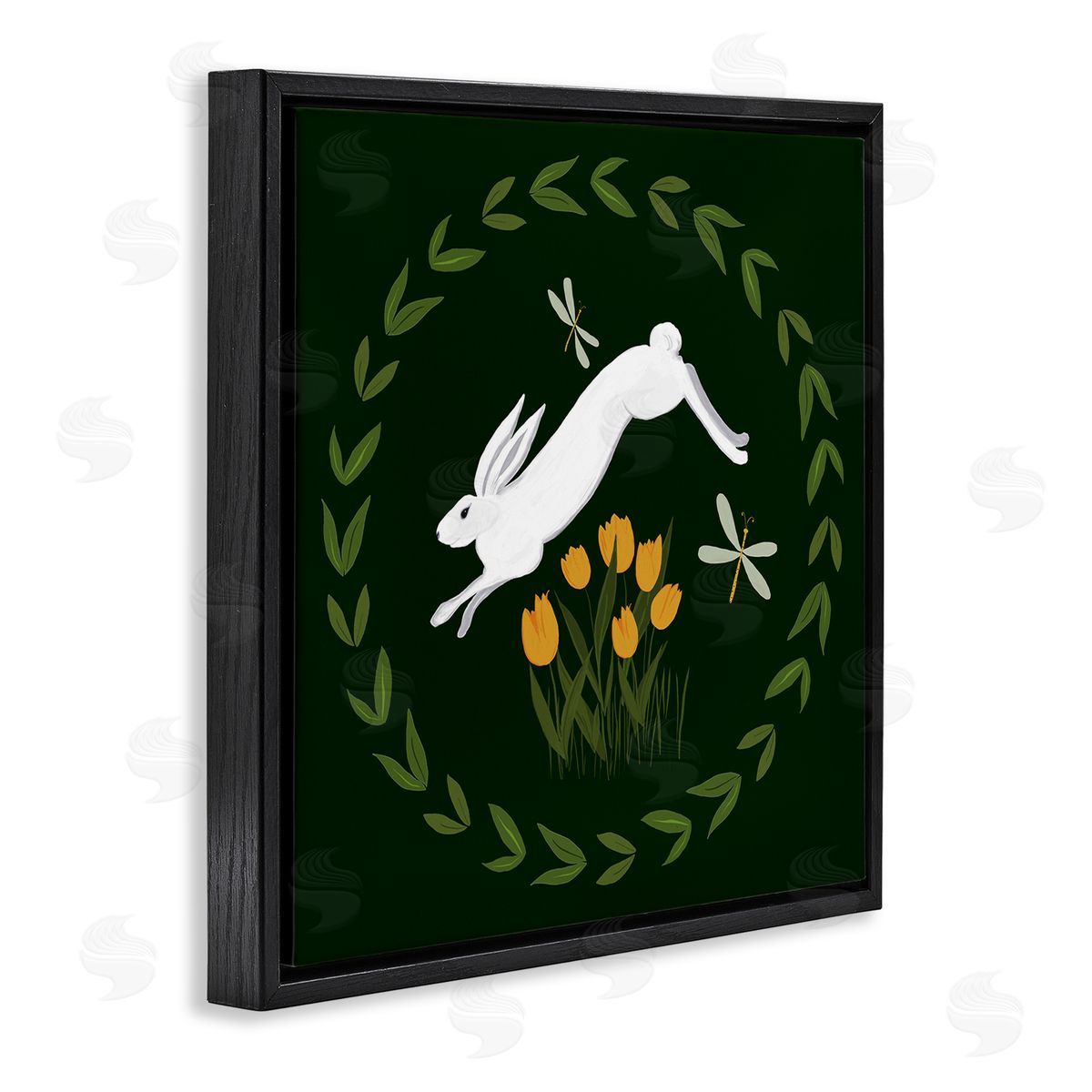 Bunny Hopping in Wreath Black Floating Frame Canvas Wall Art, Home Decor by Michelle Ingari Designs