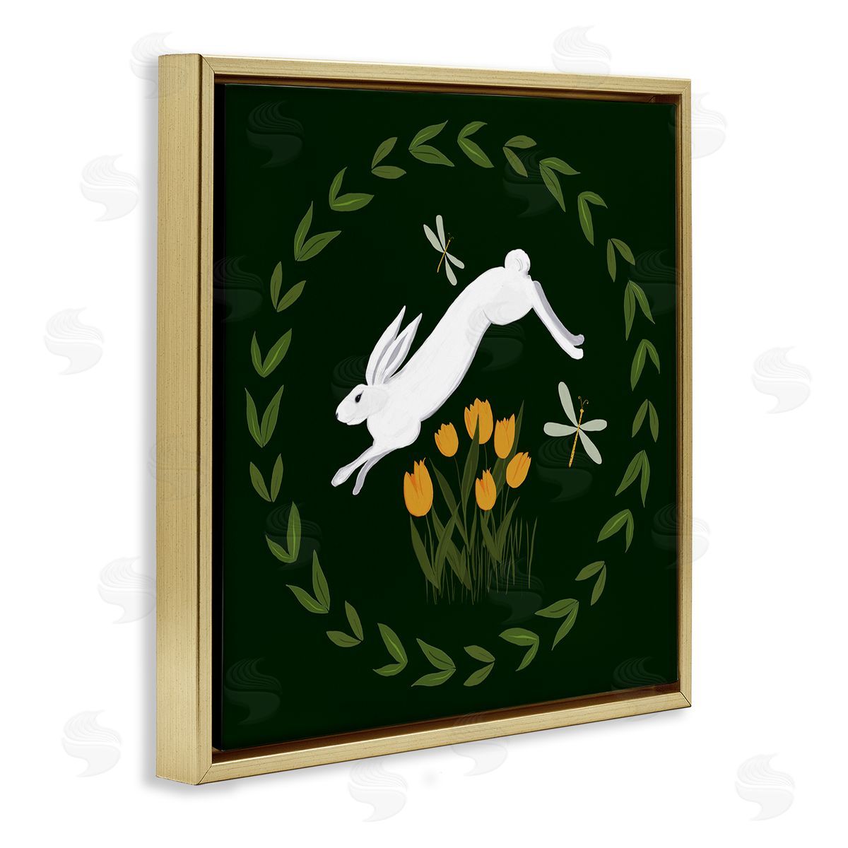 Bunny Hopping in Wreath Gold Floating Frame Canvas Wall Art, Home Decor by Michelle Ingari Designs