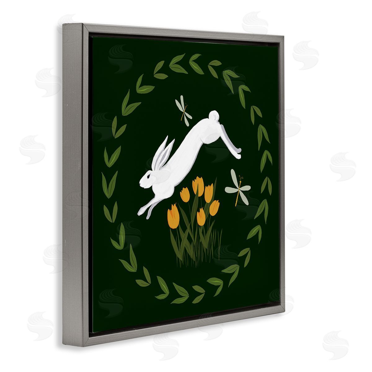 Bunny Hopping in Wreath Grey Floating Frame Canvas Wall Art, Home Decor by Michelle Ingari Designs