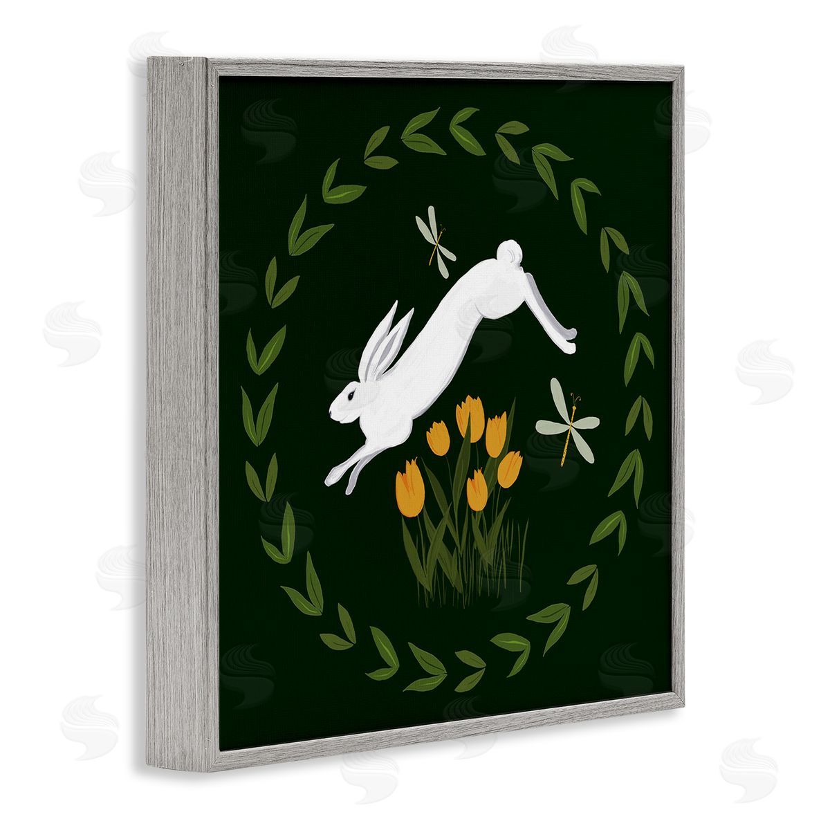 Bunny Hopping in Wreath Grey Frame Print Wall Art, Home Decor by Michelle Ingari Designs