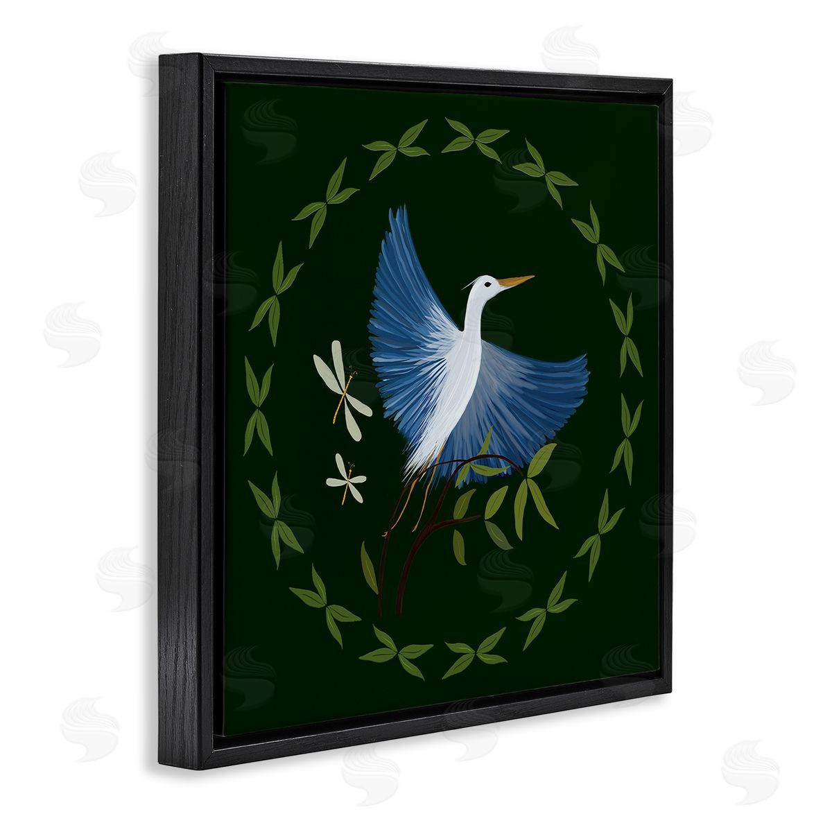 Heron & Dragonflies Wreath Black Floating Frame Canvas Wall Art, Home Decor by Michelle Ingari Designs