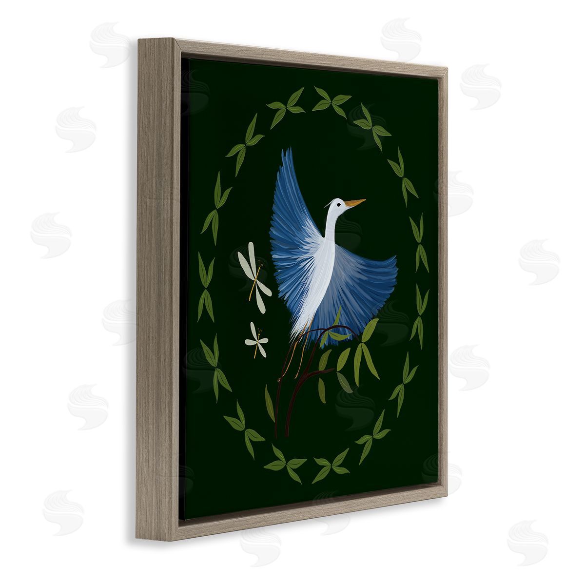 Heron & Dragonflies Wreath Brown Floating Frame Canvas Wall Art, Home Decor by Michelle Ingari Designs