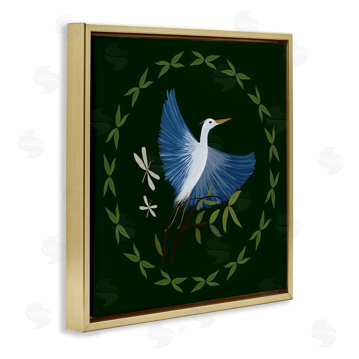 Heron & Dragonflies Wreath Gold Floating Frame Canvas Wall Art, Home Decor by Michelle Ingari Designs