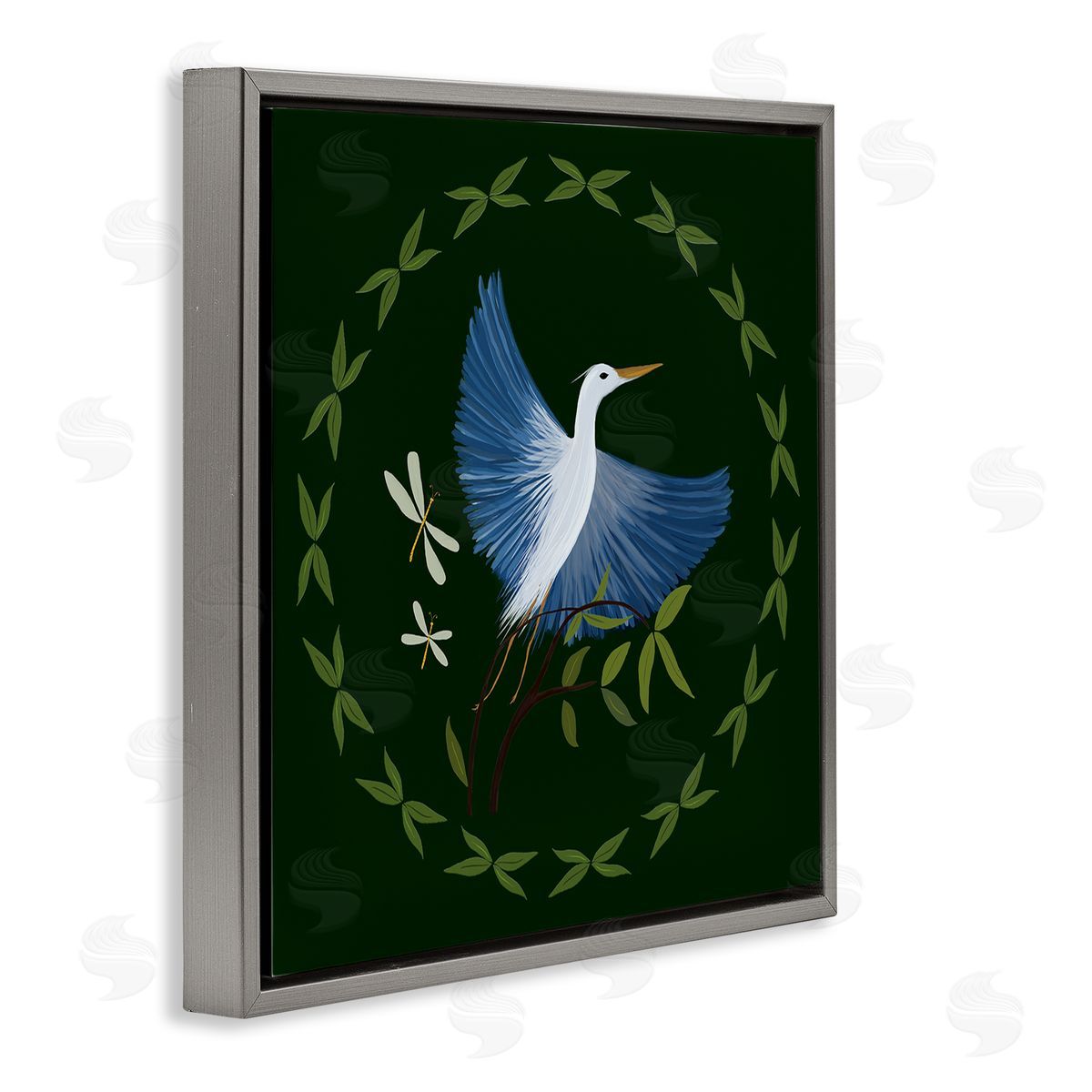 Heron & Dragonflies Wreath Grey Floating Frame Canvas Wall Art, Home Decor by Michelle Ingari Designs