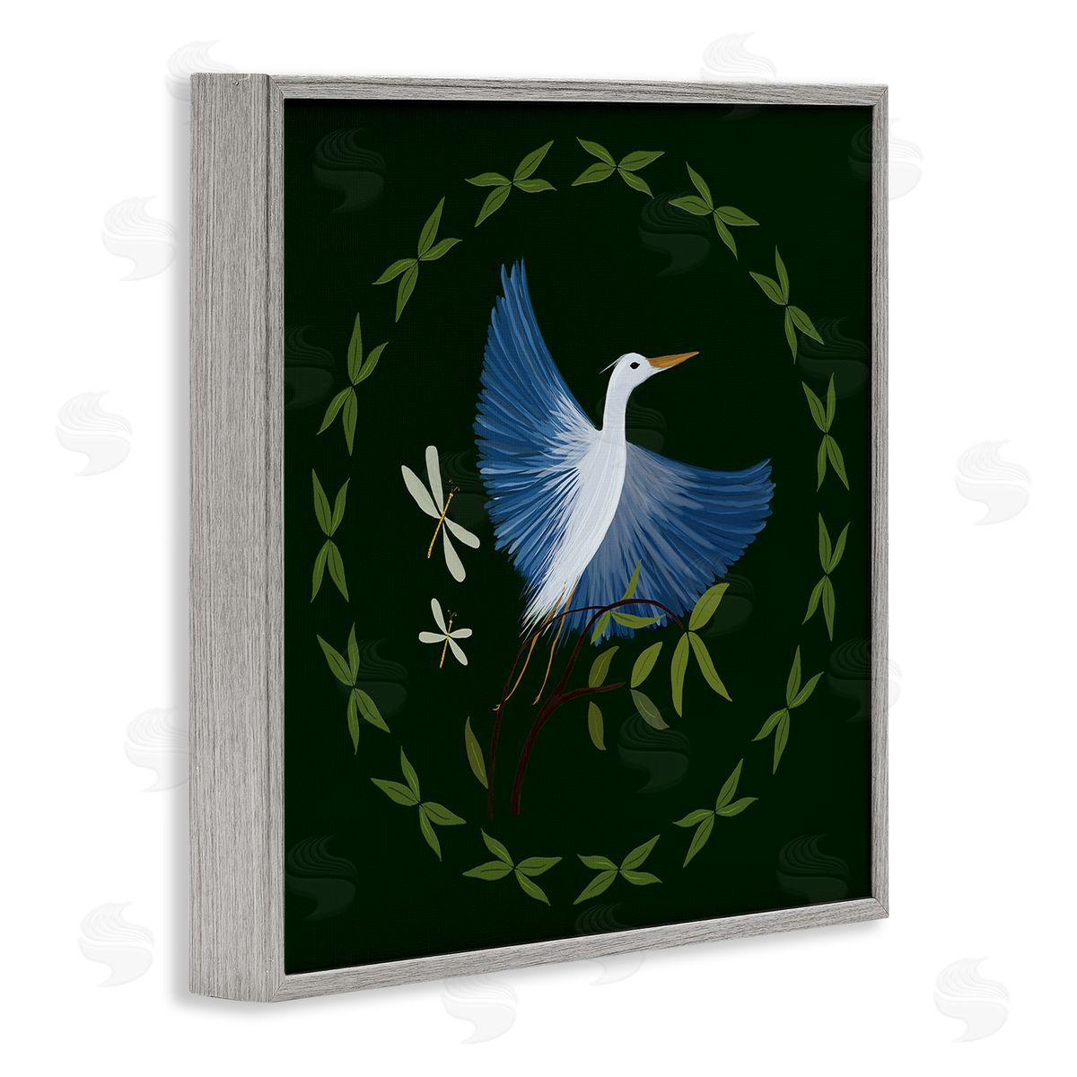 Heron & Dragonflies Wreath Grey Frame Print Wall Art, Home Decor by Michelle Ingari Designs