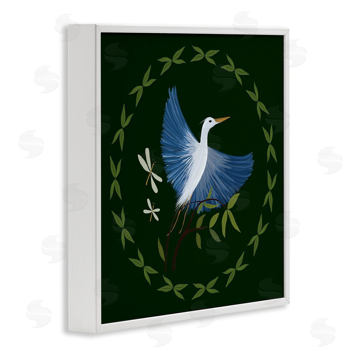 Heron & Dragonflies Wreath White Frame Print Wall Art, Home Decor by Michelle Ingari Designs