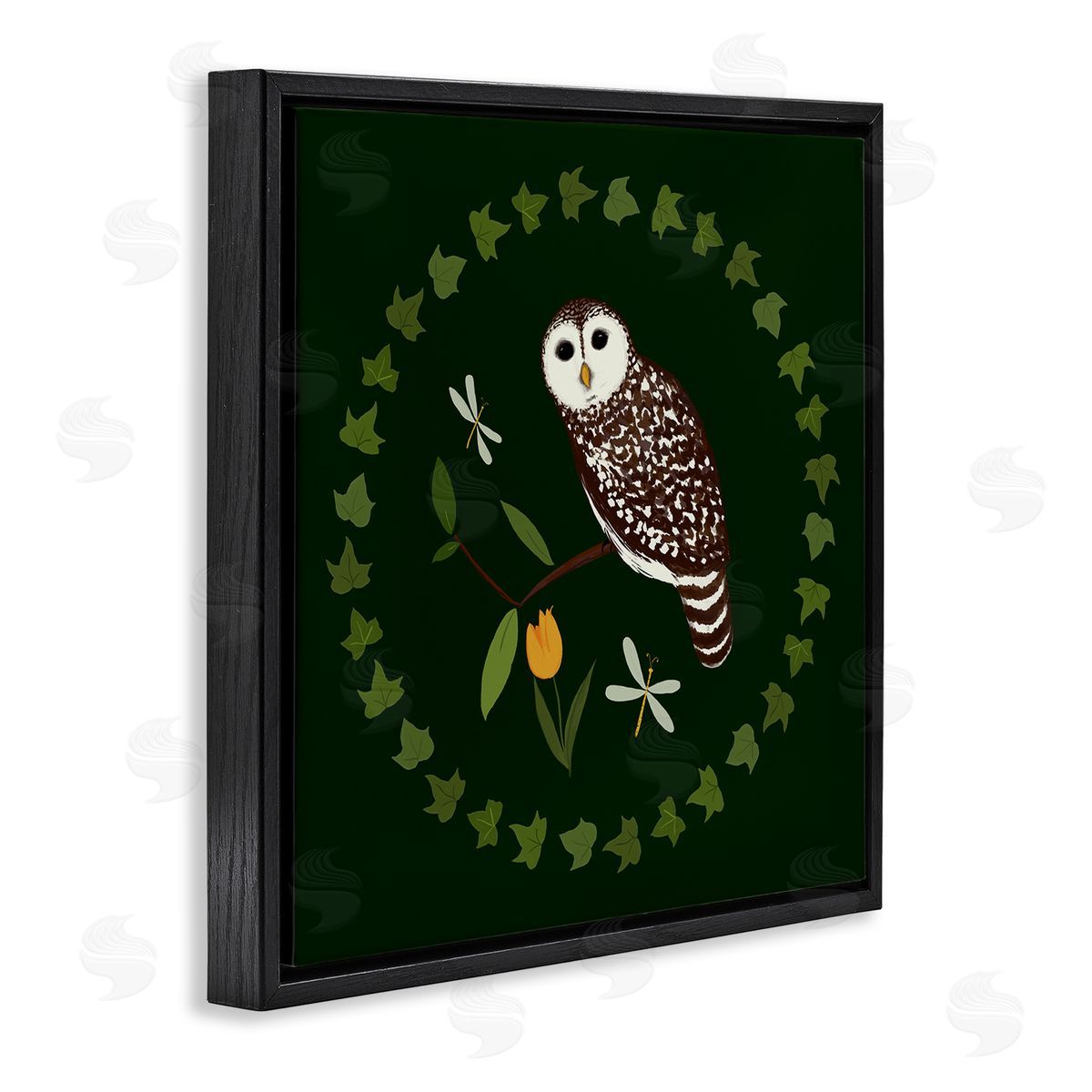 Owl & Tulip Wreath Black Floating Frame Canvas Wall Art, Home Decor by Michelle Ingari Designs