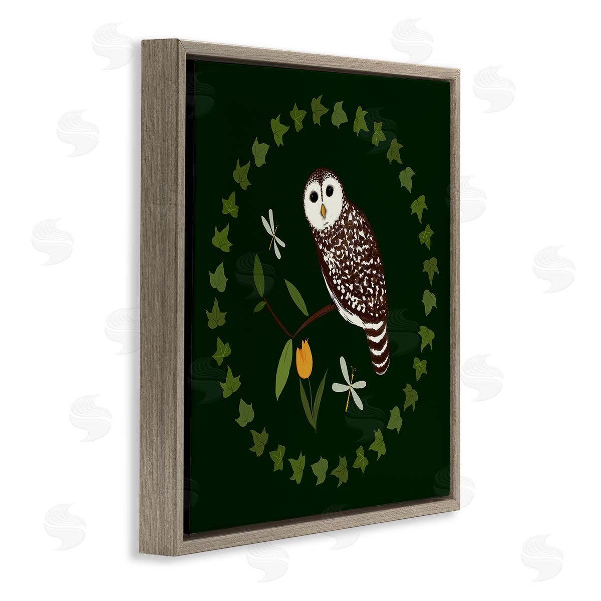 Owl & Tulip Wreath Brown Floating Frame Canvas Wall Art, Home Decor by Michelle Ingari Designs