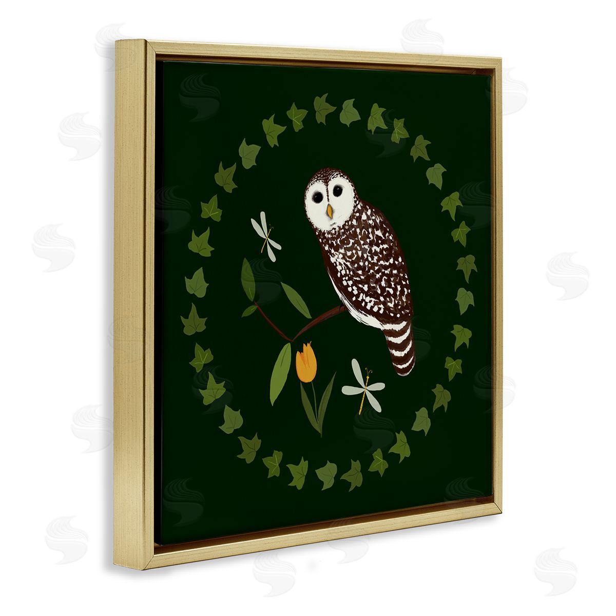Owl & Tulip Wreath Gold Floating Frame Canvas Wall Art, Home Decor by Michelle Ingari Designs