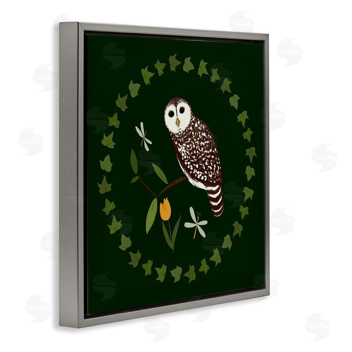 Owl & Tulip Wreath Grey Floating Frame Canvas Wall Art, Home Decor by Michelle Ingari Designs