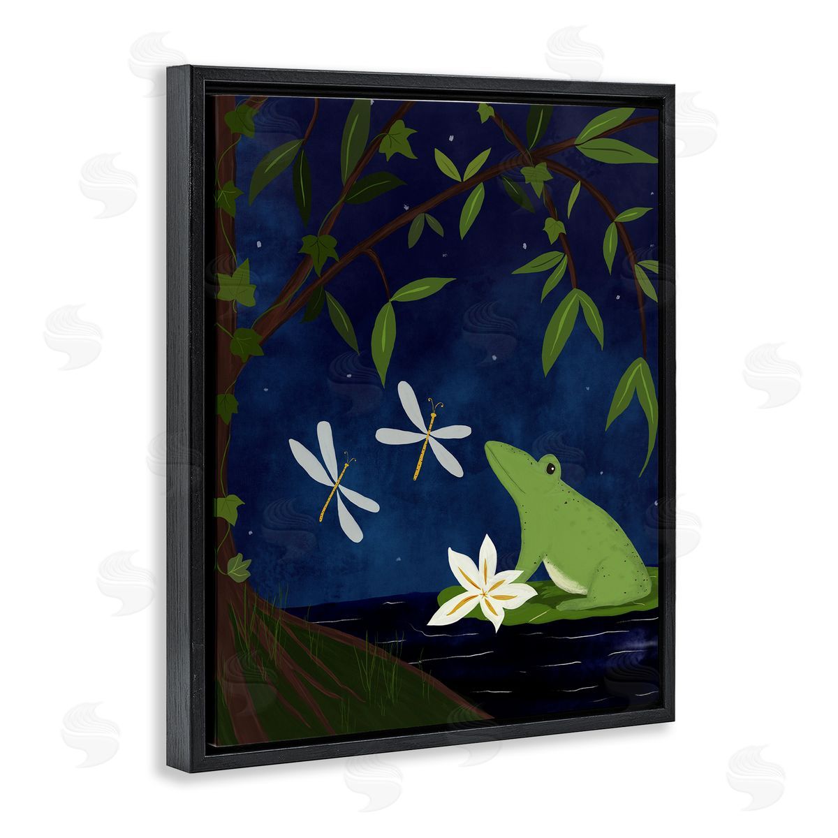 Frog in Night Forest Black Floating Frame Canvas Wall Art, Home Decor by Michelle Ingari Designs