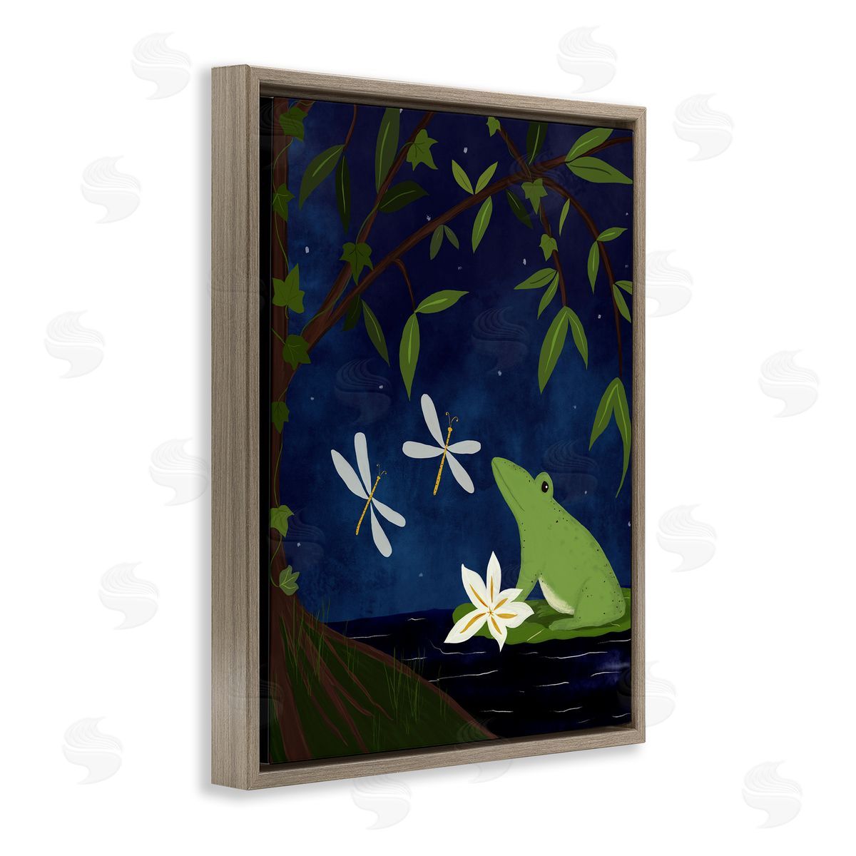 Frog in Night Forest Brown Floating Frame Canvas Wall Art, Home Decor by Michelle Ingari Designs