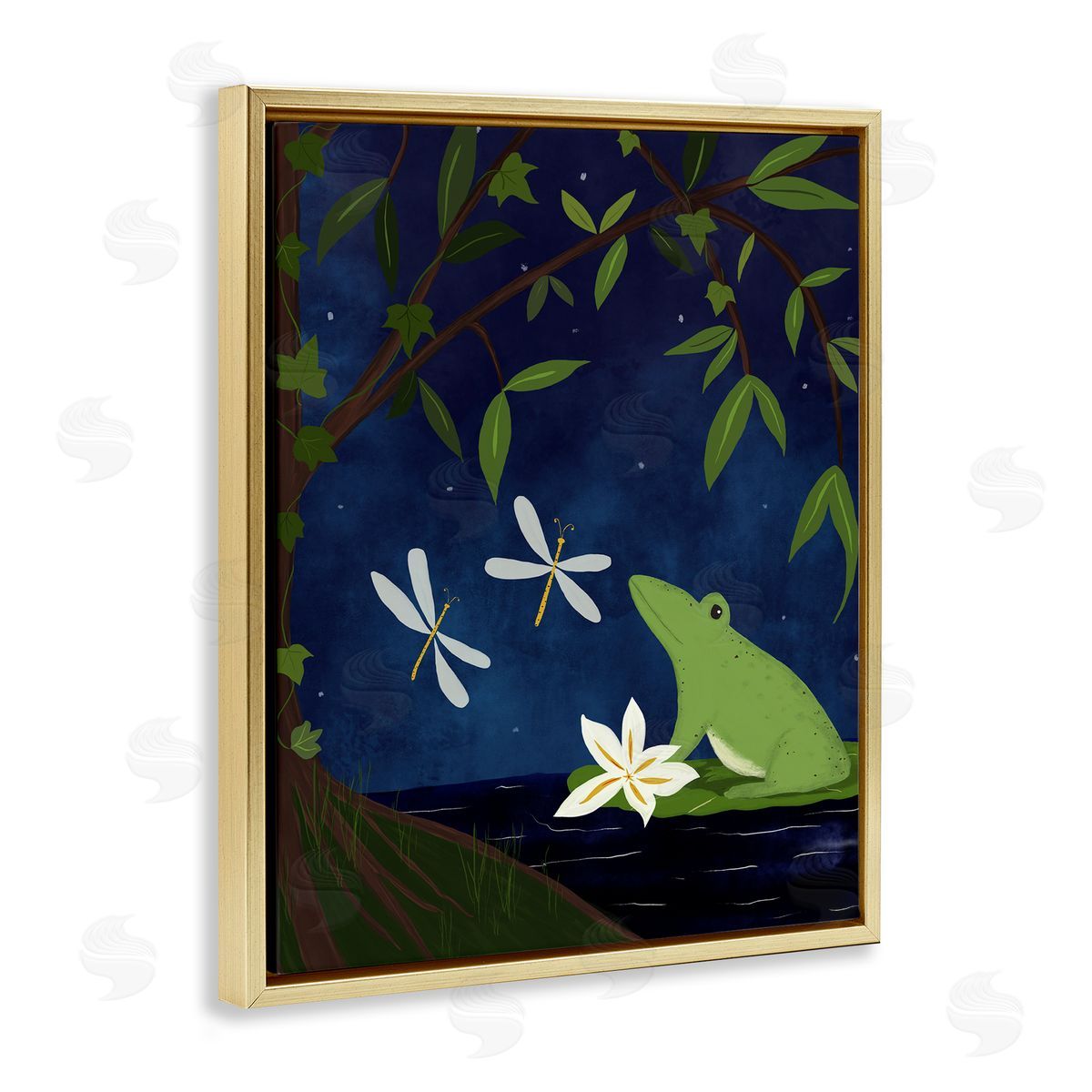 Frog in Night Forest Gold Floating Frame Canvas Wall Art, Home Decor by Michelle Ingari Designs