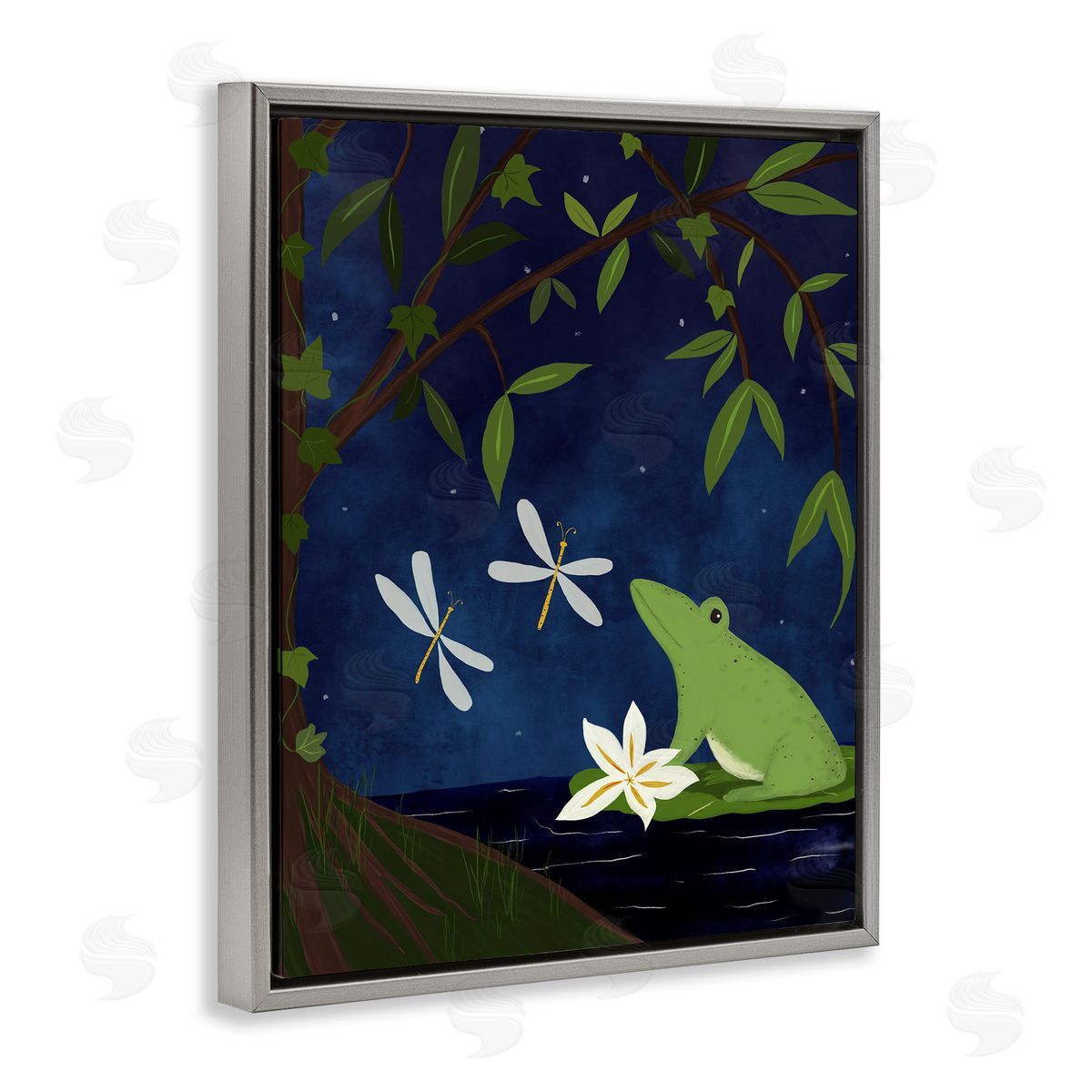 Frog in Night Forest Grey Floating Frame Canvas Wall Art, Home Decor by Michelle Ingari Designs