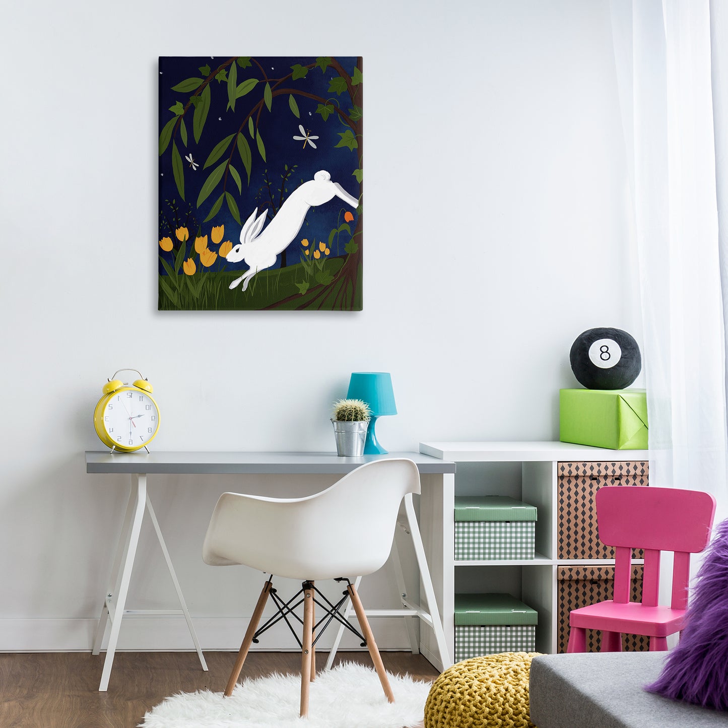 Hare in Night Forest Canvas Wall Art in Room, Home Decor by Michelle Ingari Designs