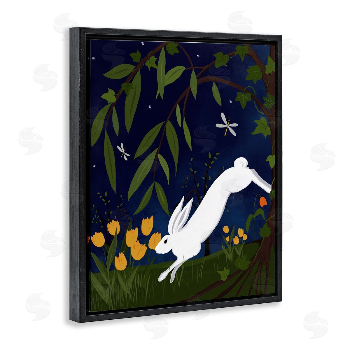 Hare in Night Forest Black Floating Frame Canvas Wall Art, Home Decor by Michelle Ingari Designs