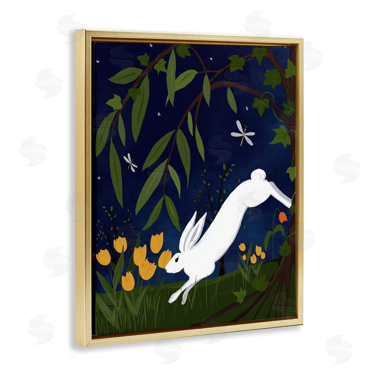 Hare in Night Forest Gold Floating Frame Canvas Wall Art, Home Decor by Michelle Ingari Designs