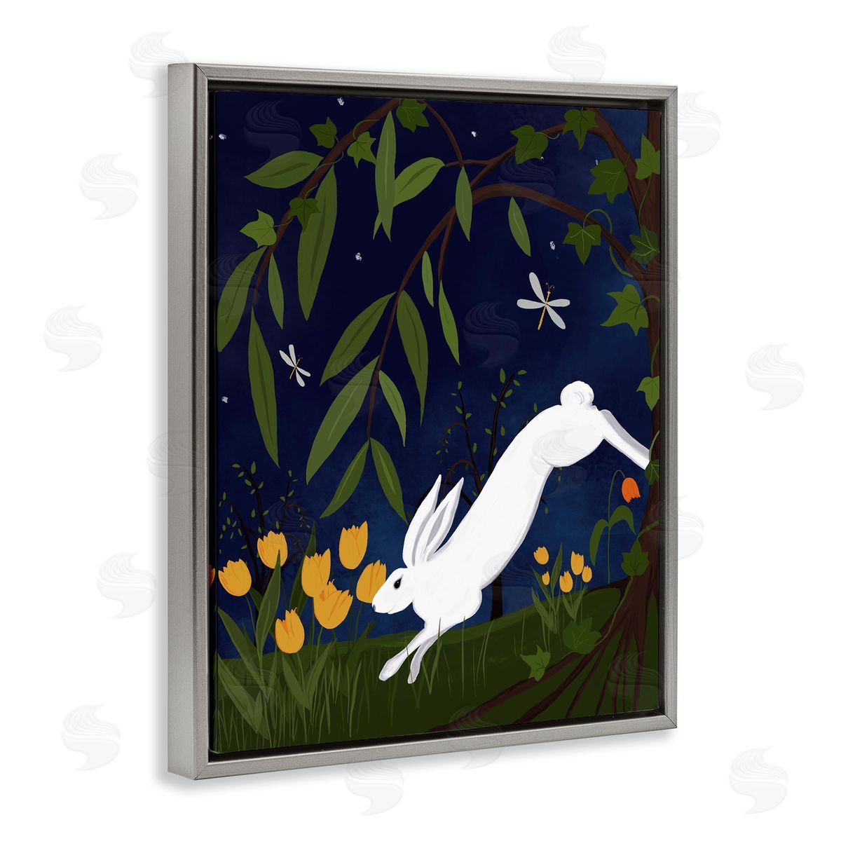 Hare in Night Forest Grey Floating Frame Canvas Wall Art, Home Decor by Michelle Ingari Designs