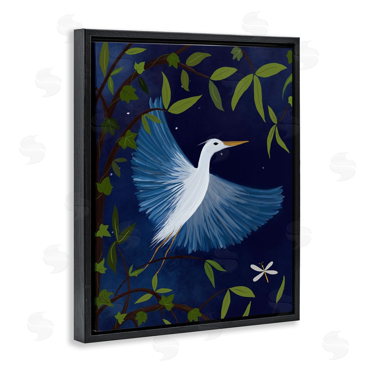 Heron in Night Forest Black Floating Frame Canvas Wall Art, Home Decor by Michelle Ingari Designs