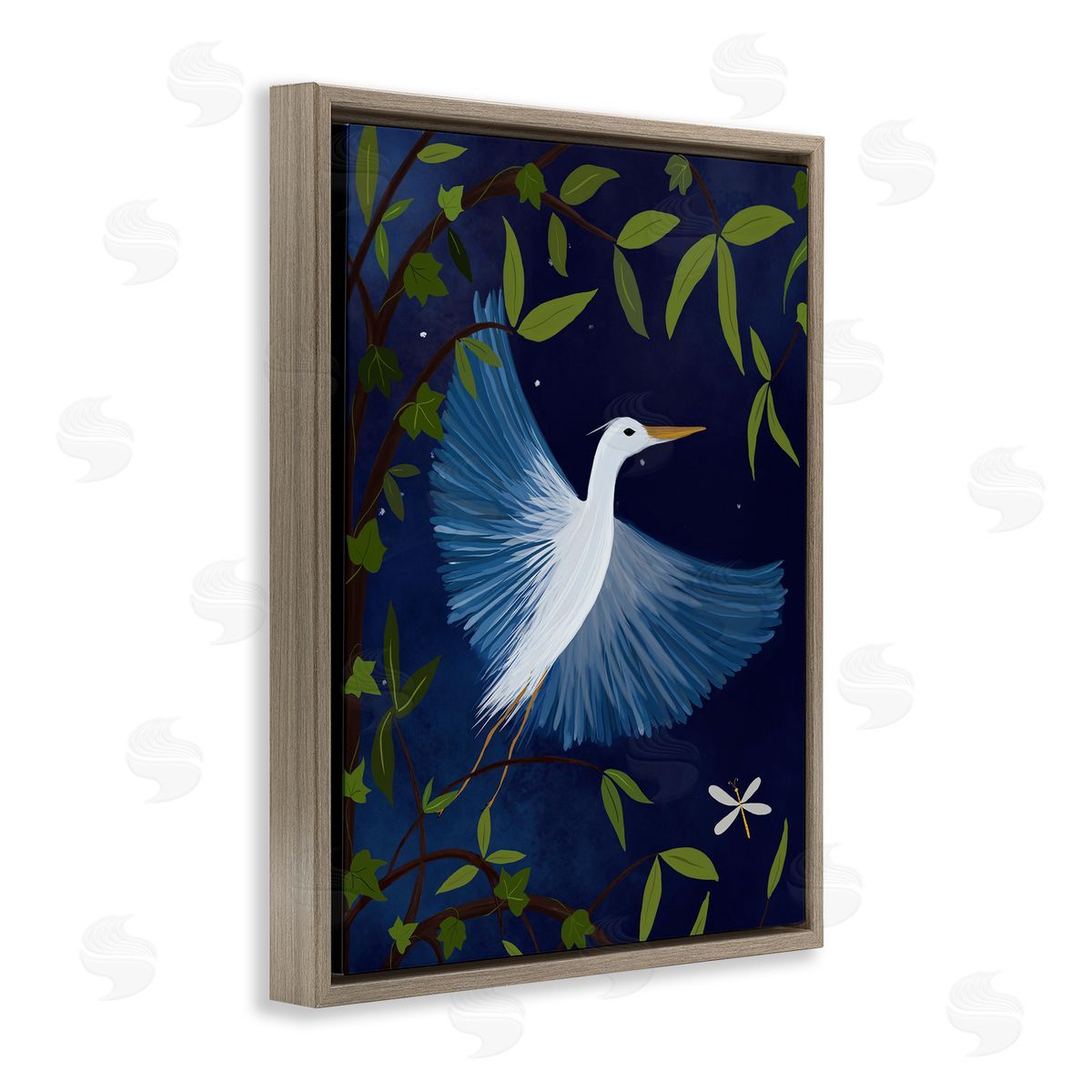 Heron in Night Forest Brown Floating Frame Canvas Wall Art, Home Decor by Michelle Ingari Designs