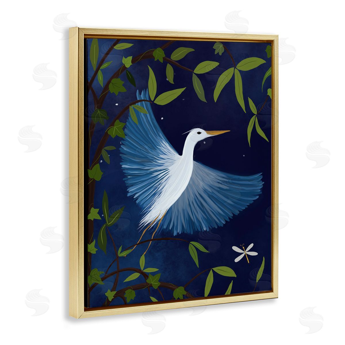Heron in Night Forest Gold Floating Frame Canvas Wall Art, Home Decor by Michelle Ingari Designs