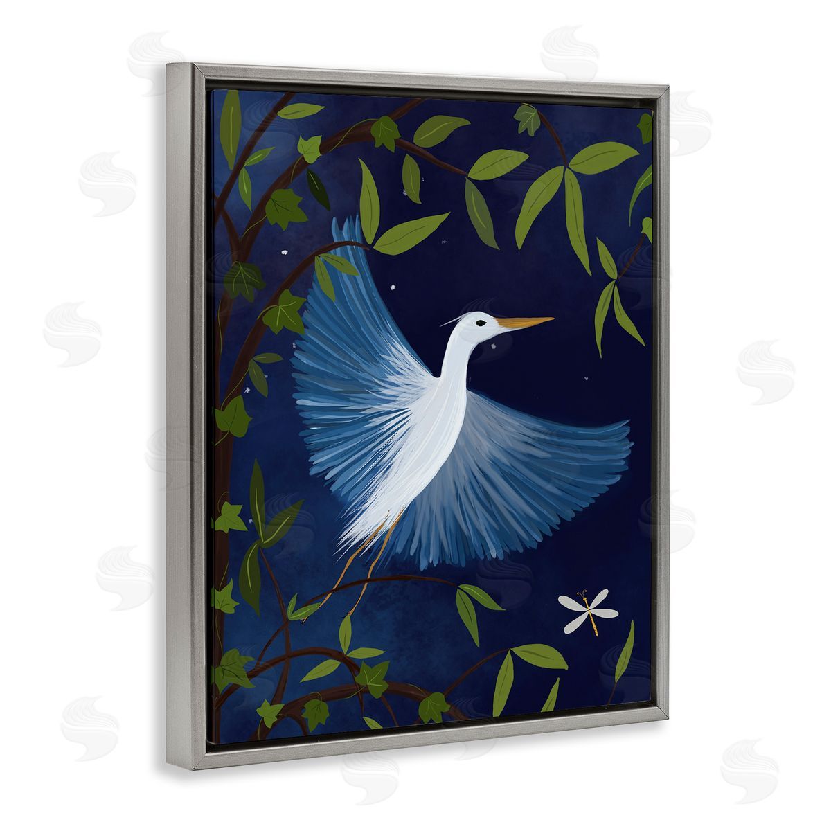 Heron in Night Forest Grey Floating Frame Canvas Wall Art, Home Decor by Michelle Ingari Designs