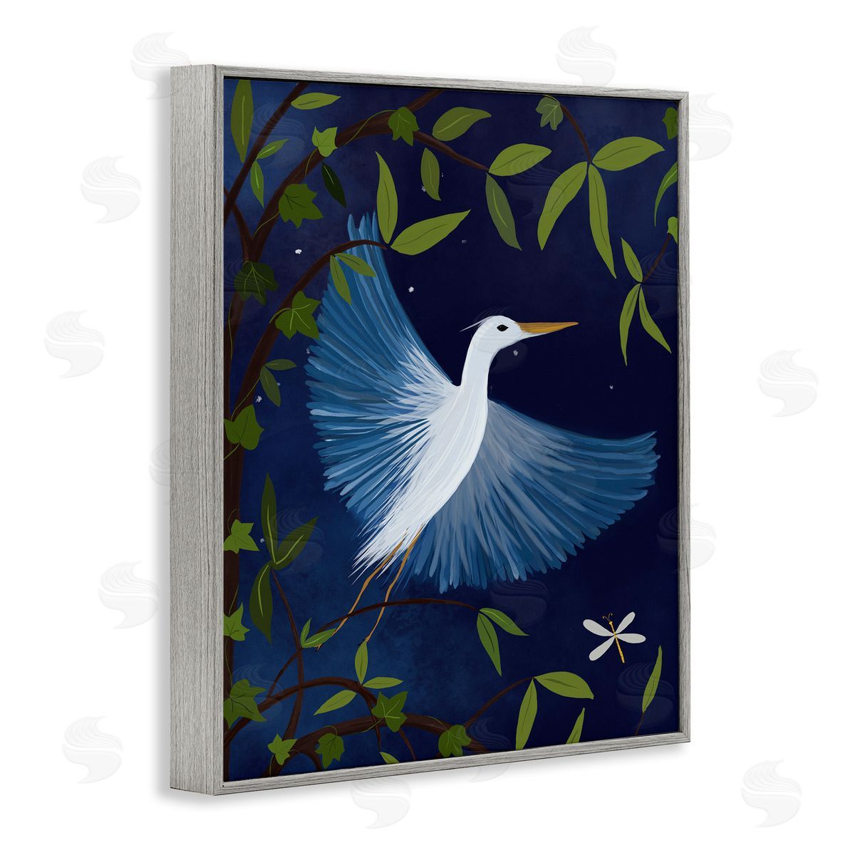 Heron in Night Forest Grey Frame Print Wall Art, Home Decor by Michelle Ingari Designs