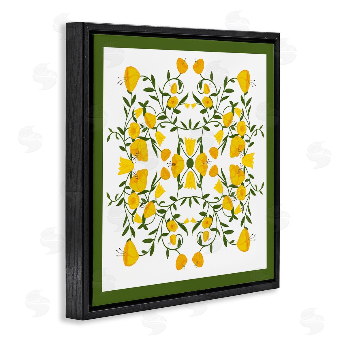 Golden Blooms Symmetry Black Floating Frame Canvas Wall Art, Home Decor by Michelle Ingari Designs