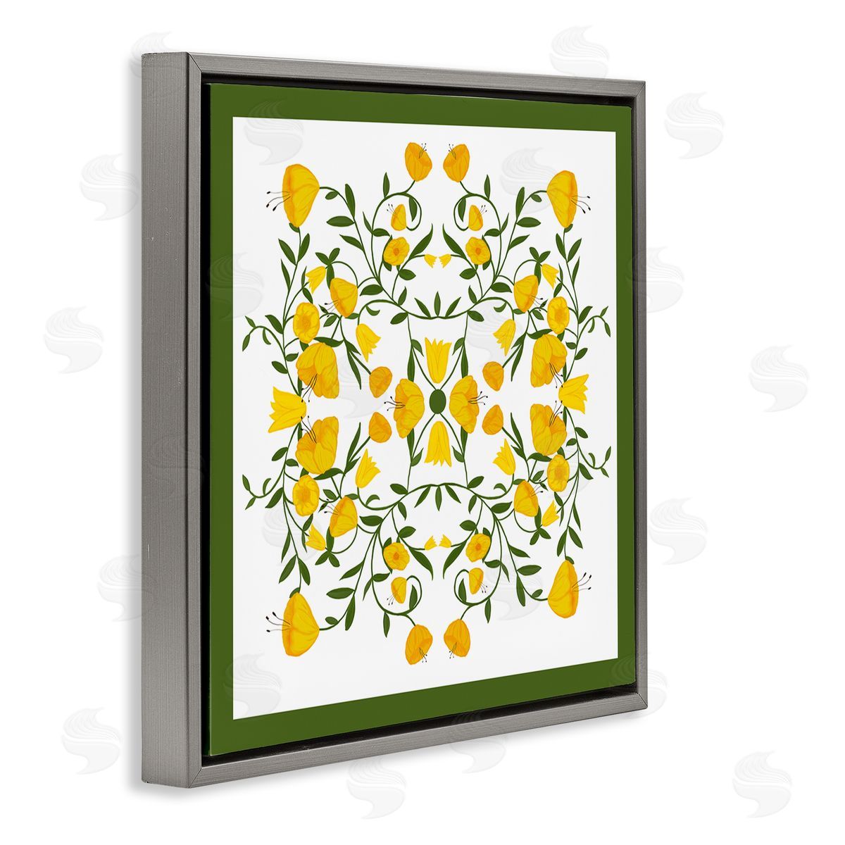 Golden Blooms Symmetry Grey Floating Frame Canvas Wall Art, Home Decor by Michelle Ingari Designs