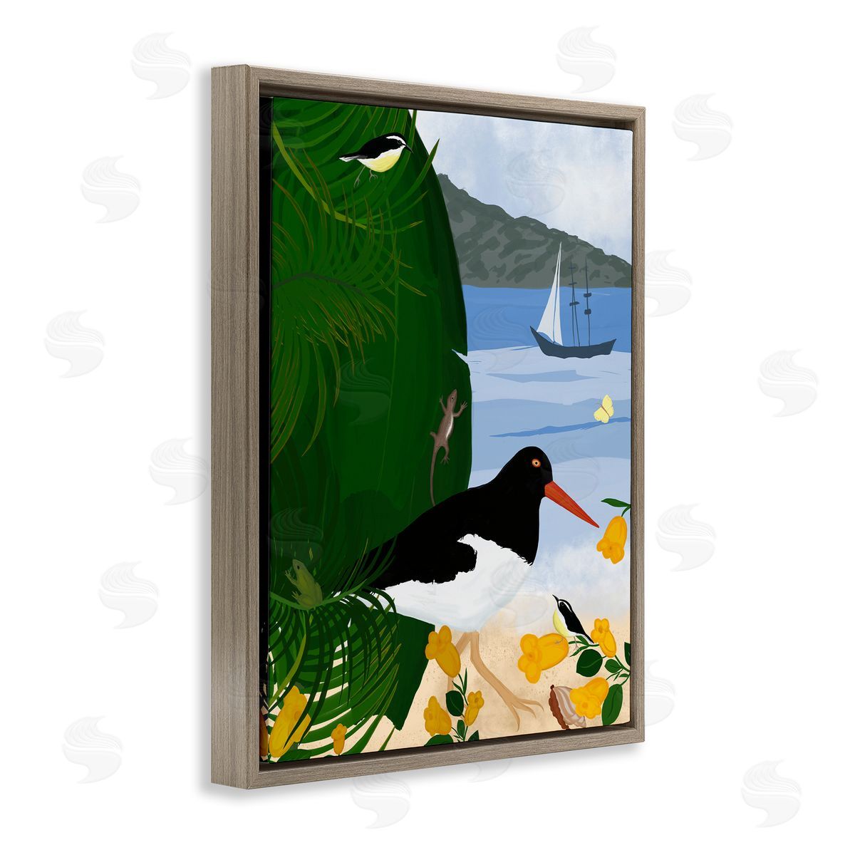 Island Life by Beach Brown Floating Frame Canvas Wall Art, Home Decor by Michelle Ingari Designs