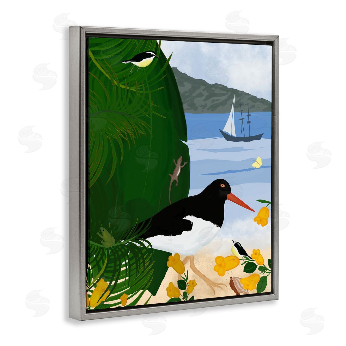 Island Life by Beach Grey Floating Frame Canvas Wall Art, Home Decor by Michelle Ingari Designs