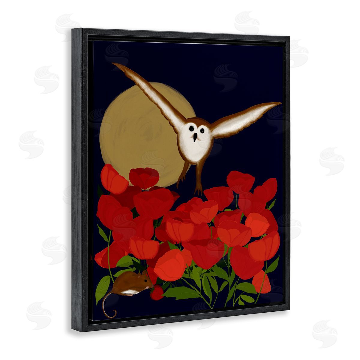 Owl over Poppy Field Black Floating Frame Canvas Wall Art, Home Decor by Michelle Ingari Designs
