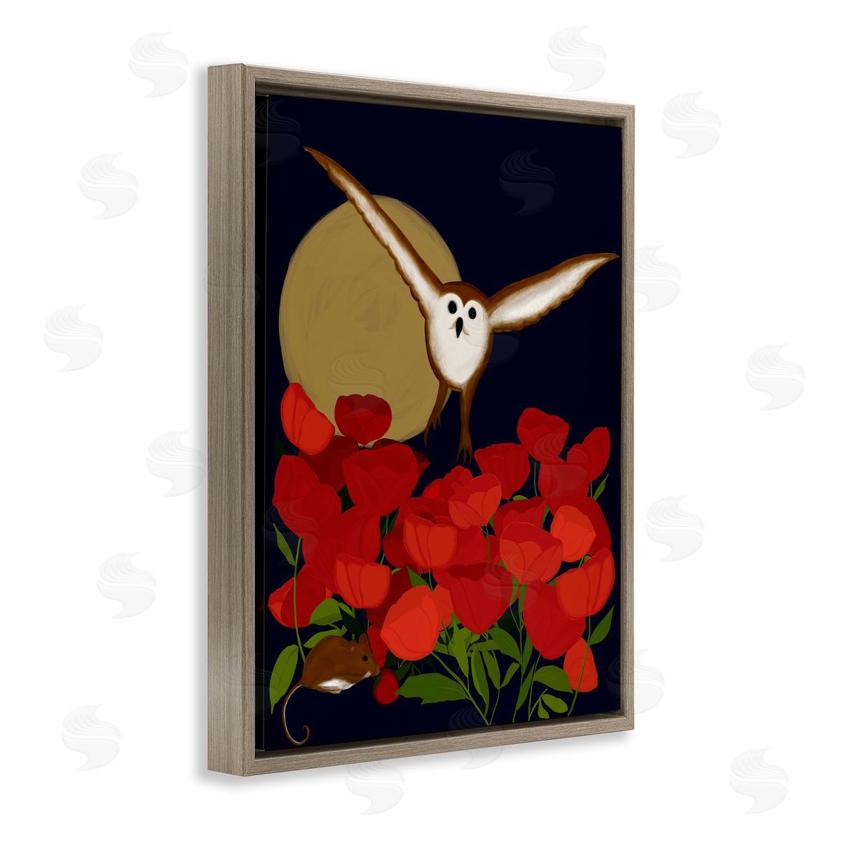 Owl over Poppy Field Brown Floating Frame Canvas Wall Art, Home Decor by Michelle Ingari Designs