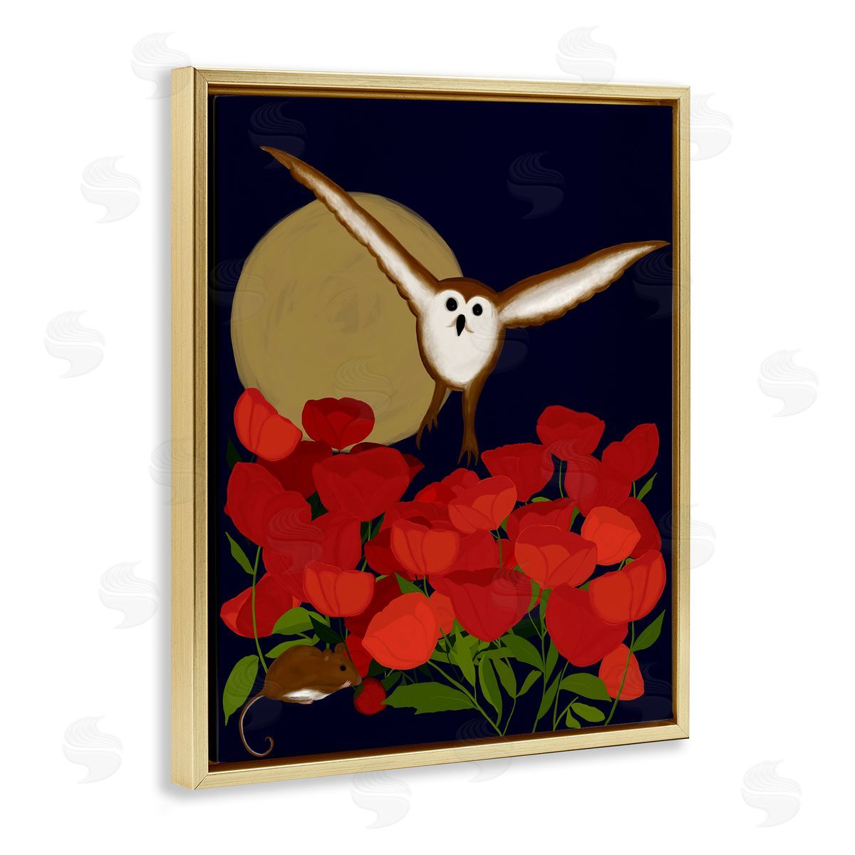 Owl over Poppy Field Gold Floating Frame Canvas Wall Art, Home Decor by Michelle Ingari Designs