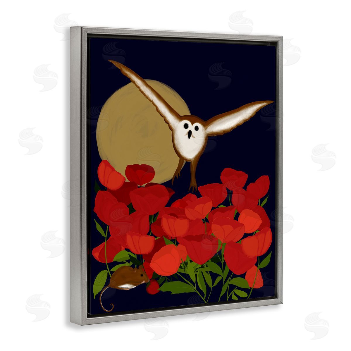 Owl over Poppy Field Grey Floating Frame Canvas Wall Art, Home Decor by Michelle Ingari Designs
