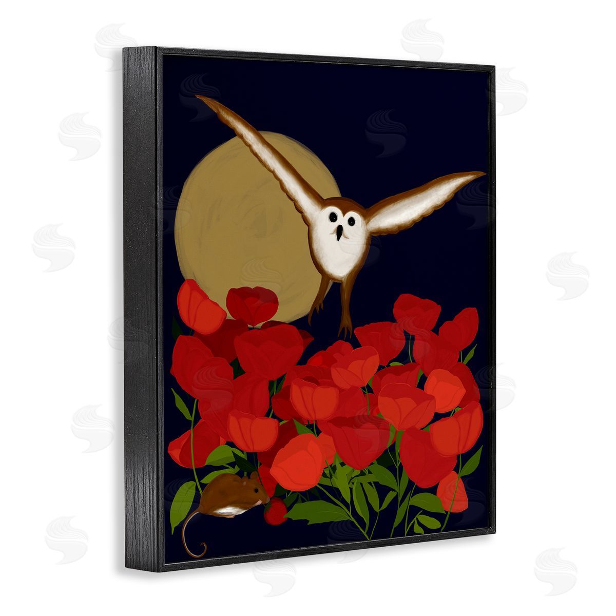 Owl over Poppy Field Black Frame Print Wall Art, Home Decor by Michelle Ingari Designs