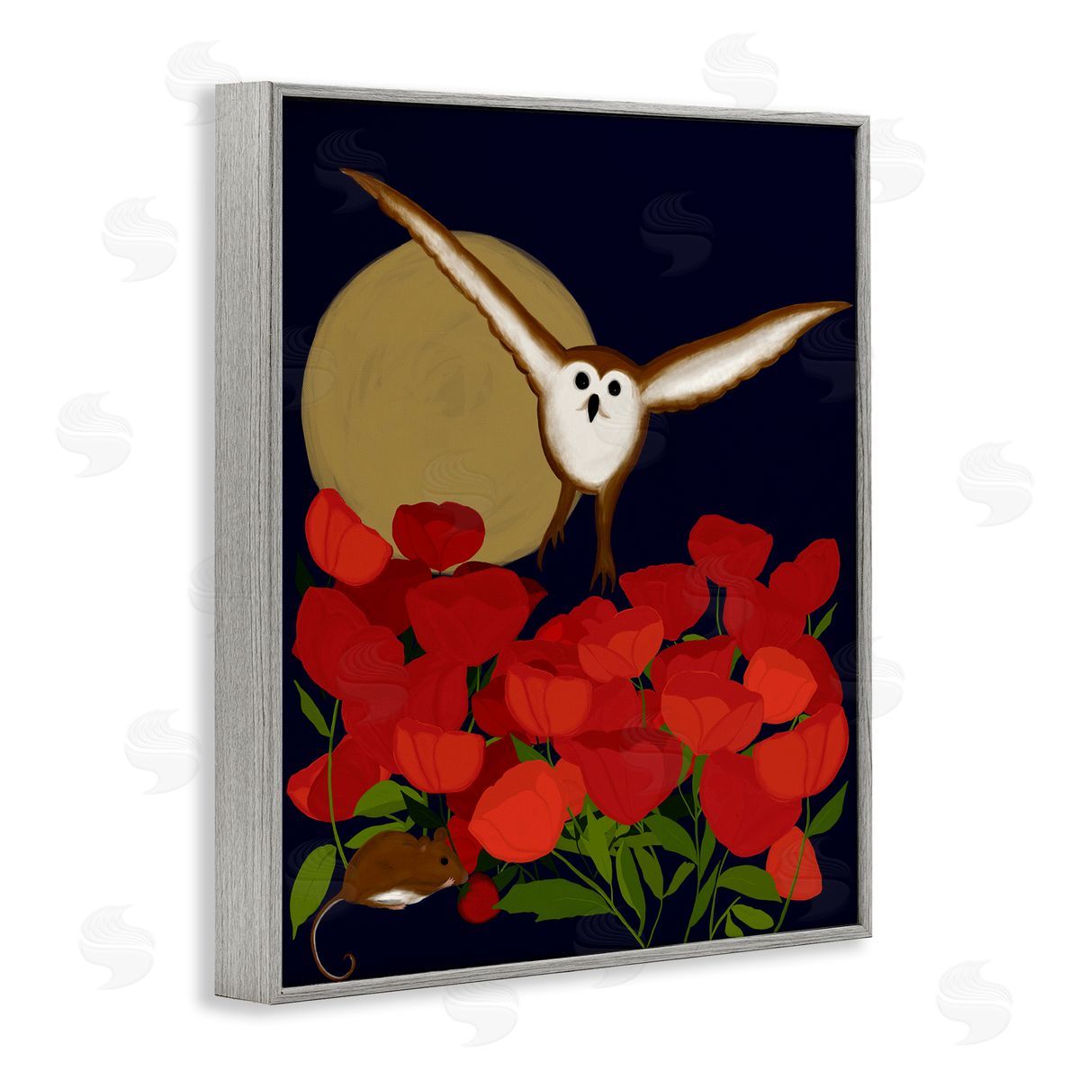 Owl over Poppy Field Grey Frame Print Wall Art, Home Decor by Michelle Ingari Designs