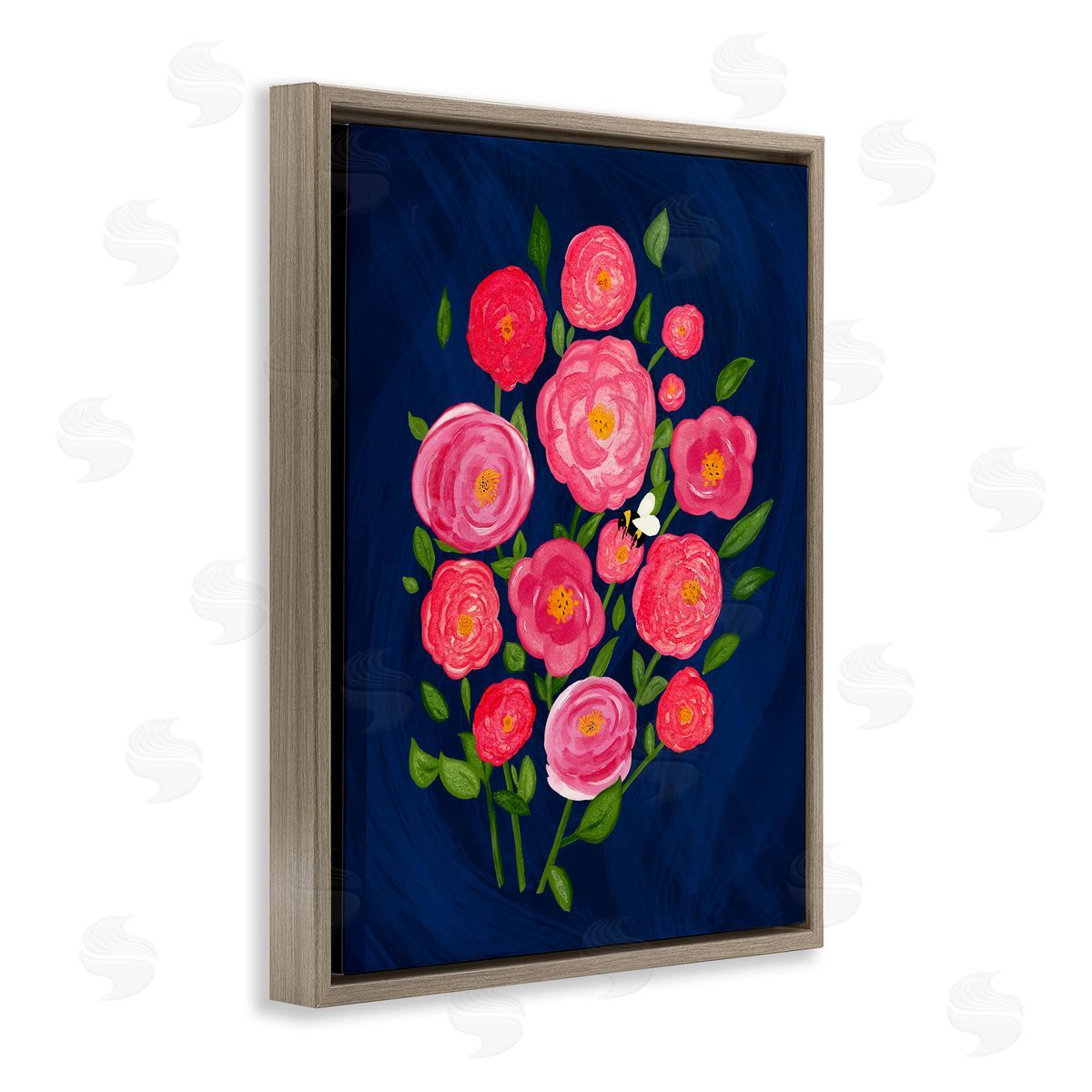 Pink Poses Bunches Brown Floating Frame Canvas Wall Art, Home Decor by Michelle Ingari Designs