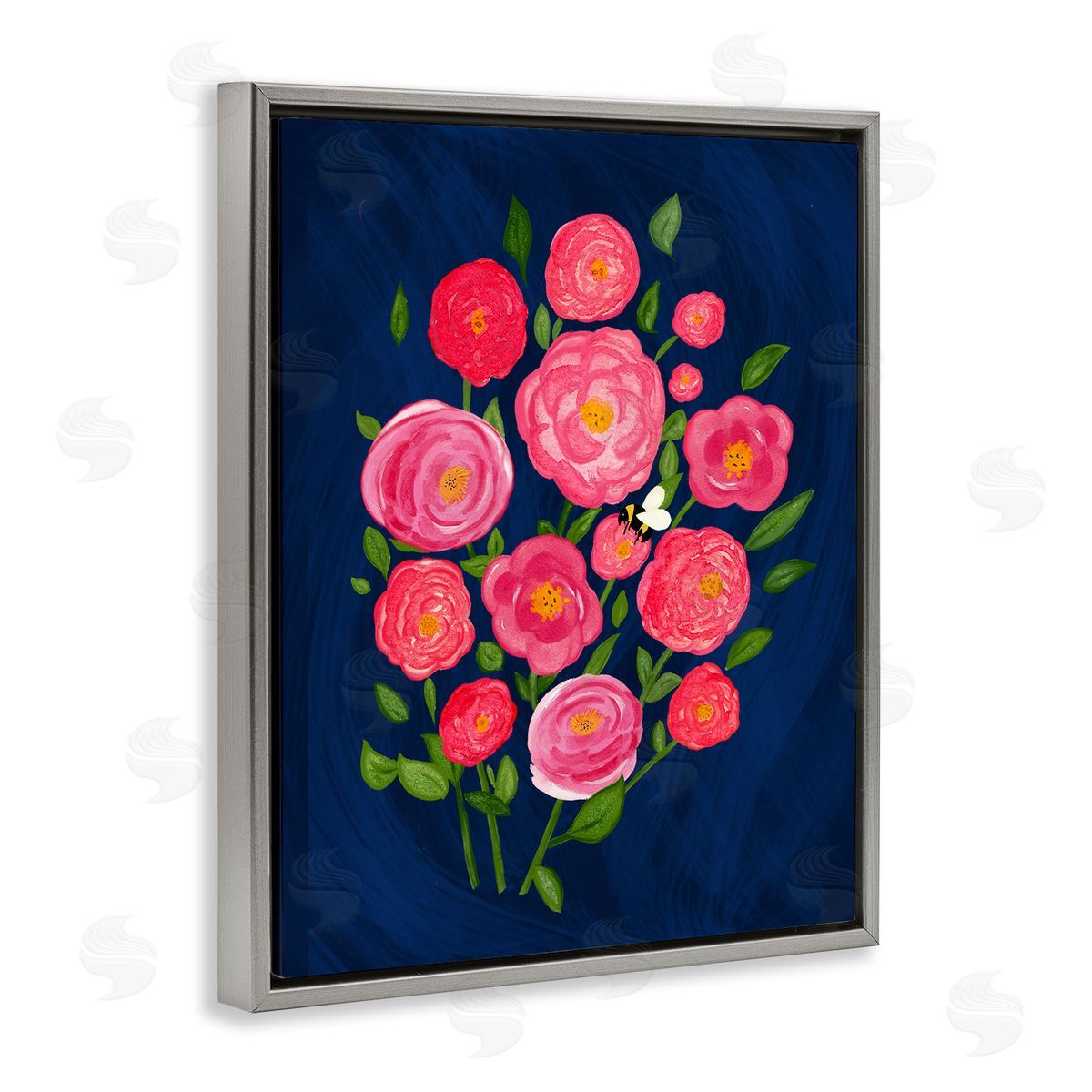 Pink Poses Bunches Grey Floating Frame Canvas Wall Art, Home Decor by Michelle Ingari Designs