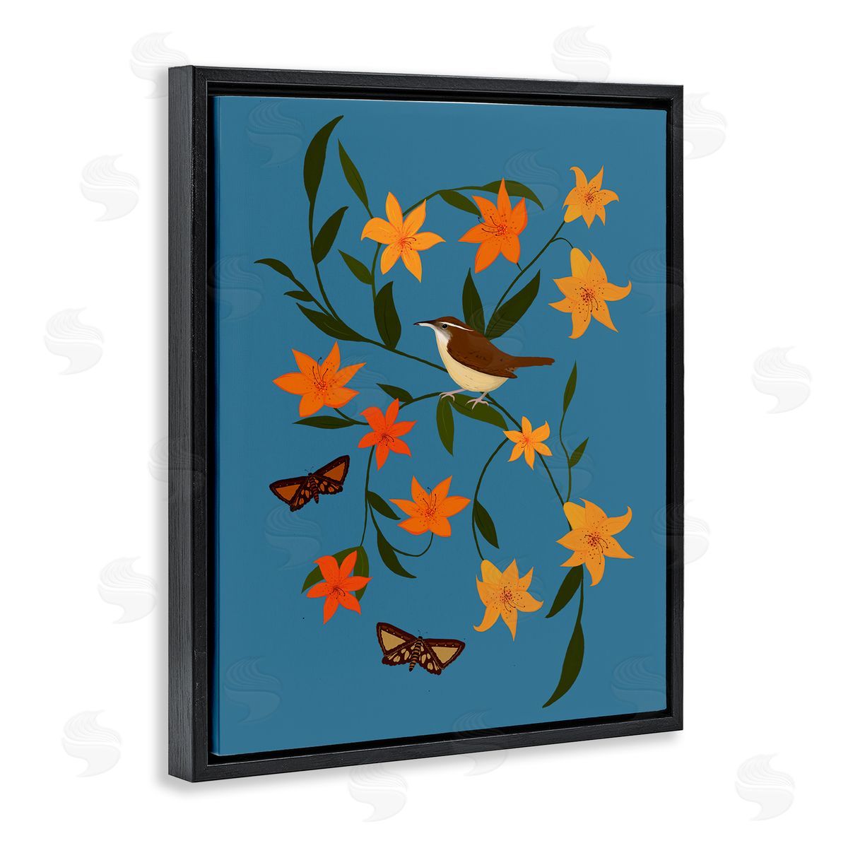 Sparrow on Lily Bunches Black Floating Frame Canvas Wall Art, Home Decor by Michelle Ingari Designs